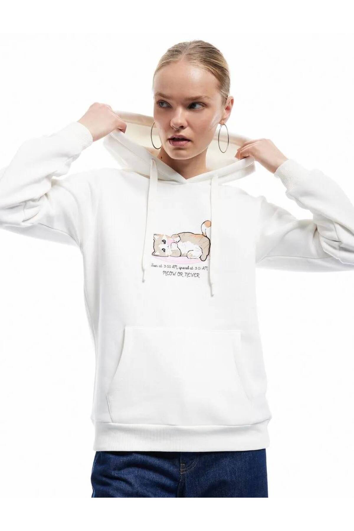 Üç İplik Şardonlu Kanguru Cep Detaylı Kedi Baskılı Kapüşonlu Sweatshirt