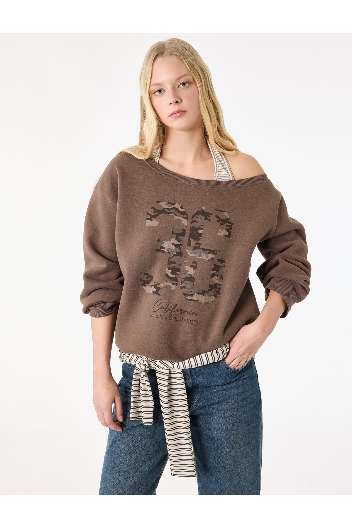 Üç İplik Şardonlu Uzun Kollu Baskılı Halter Yaka Sweatshirt