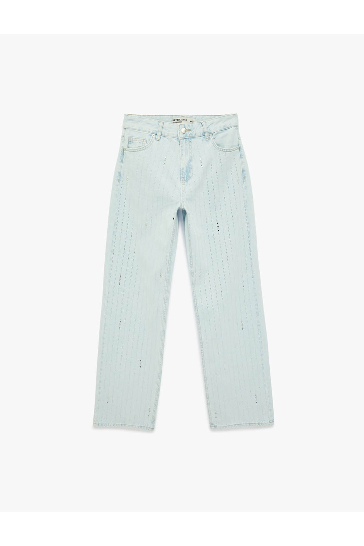 Uzun Düz Paça Normal Bel Cepli Düğmeli Taşlı Denim Pantolon - Longer Straight Fit Jean