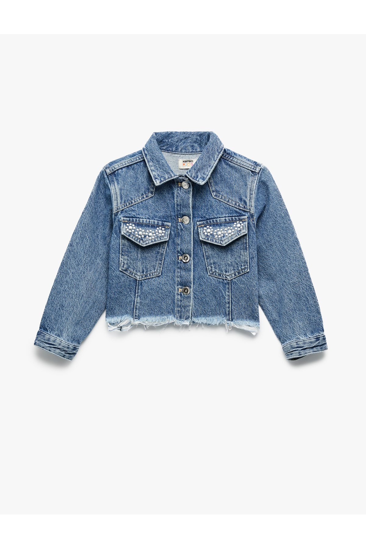 Uzun Kollu Taş Detaylı Cepli Pamuklu Denim Ceket