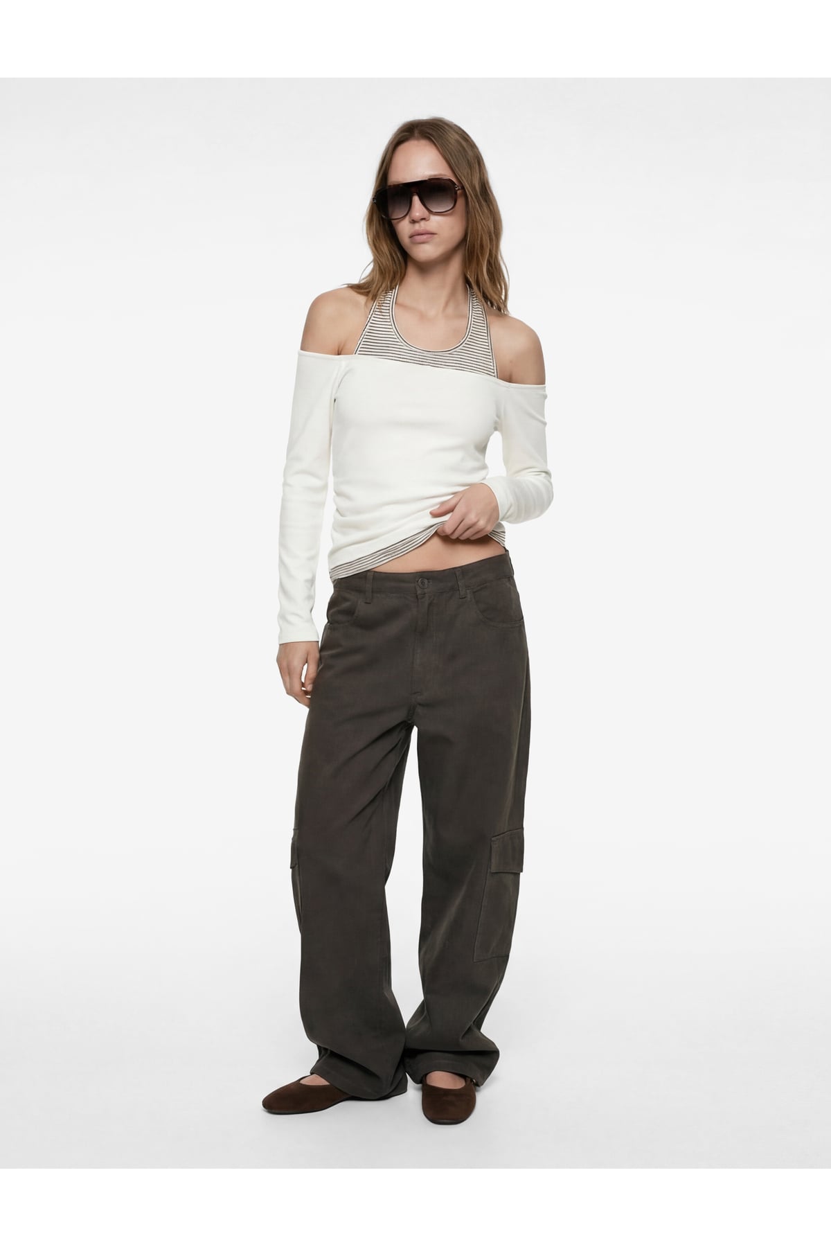 Viskon Karışımlı Slim Fit Uzun Kollu Halter Yaka Tişört