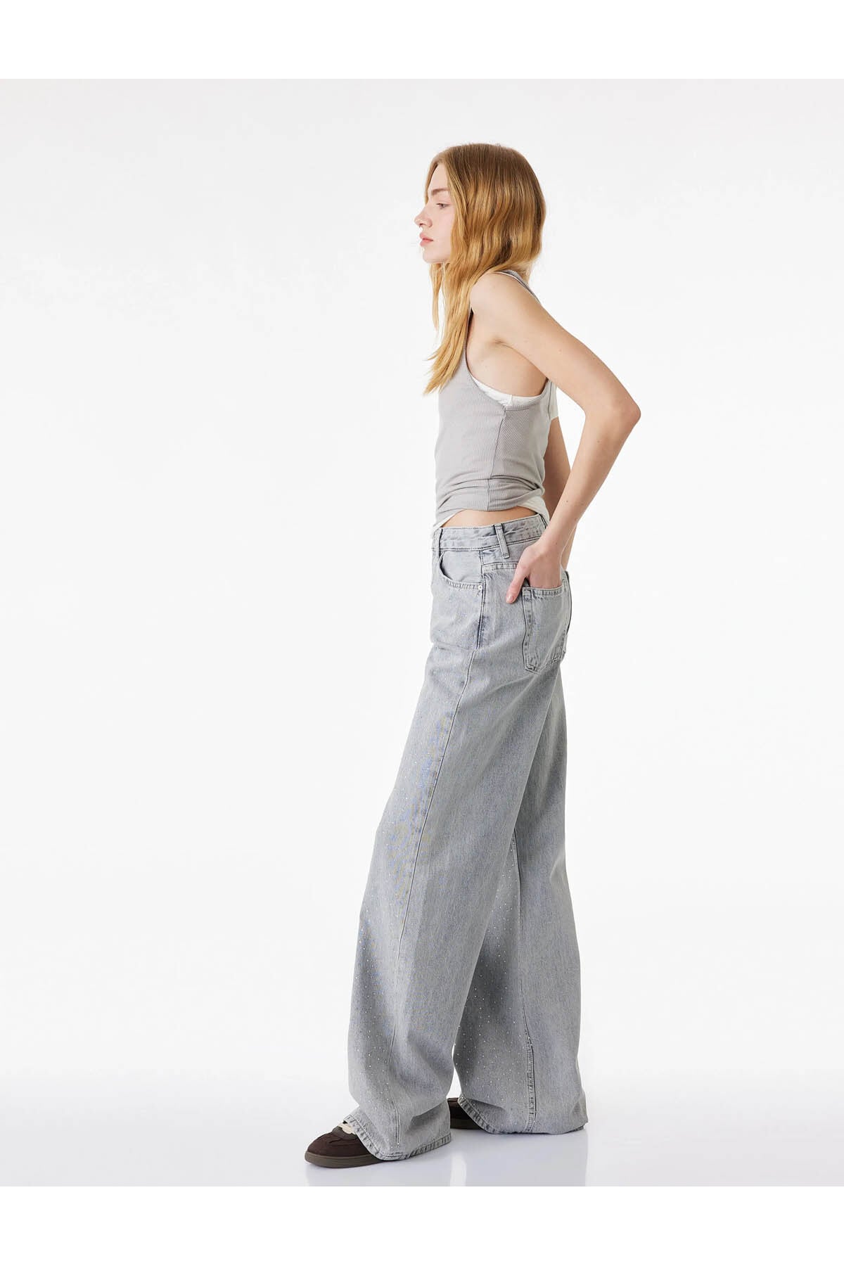 Wide Leg Taş Detaylı Gri Kadın Jean Pantolon 6SAL40006MD