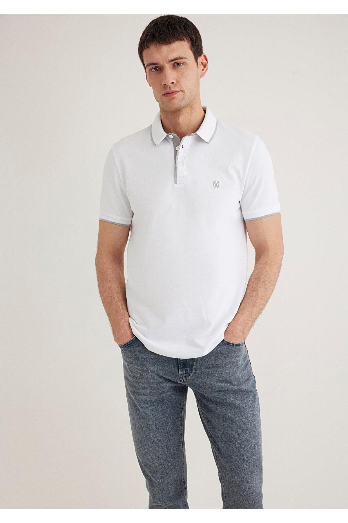 Yaka Detaylı Beyaz Polo Tişört Fitted / Vücuda Oturan Kesim 062373-27879