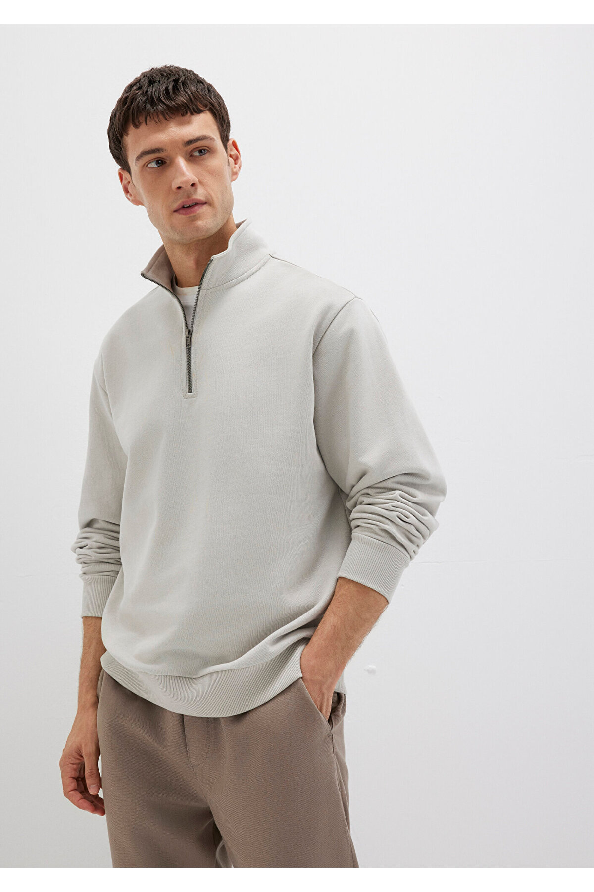 Yarı Fermuarlı Gri Basic Sweatshirt 0S10419-70074