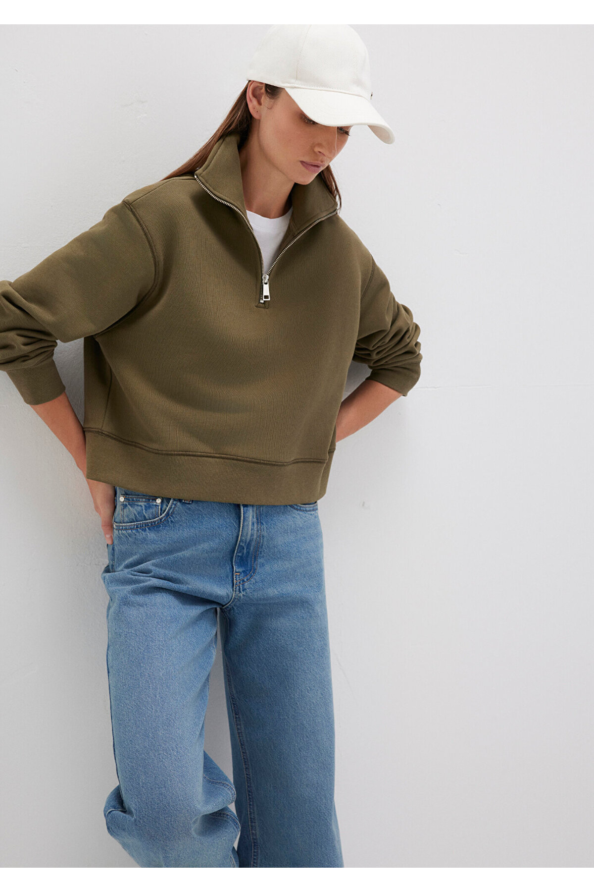 Yarı Fermuarlı Haki Sweatshirt 1S10391-71589