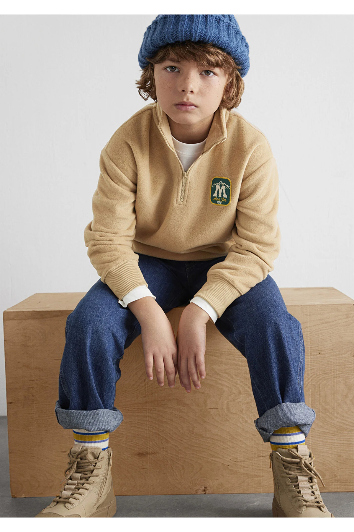 Yarı Fermuarlı Logo Bej Sweatshirt Loose Fit / Bol Rahat Kesim 6S10153-83859