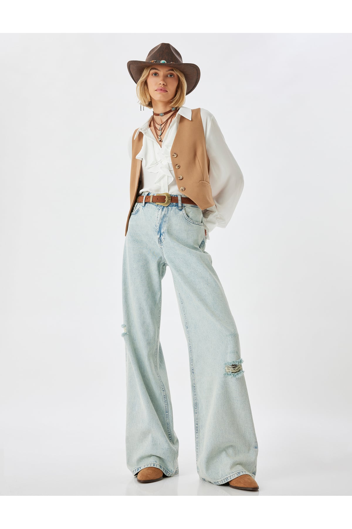 Yırtık Kot Pantolon Düşük Bel Düğmeli Bol Paça Pamuklu - Loose Straight Fit Jean
