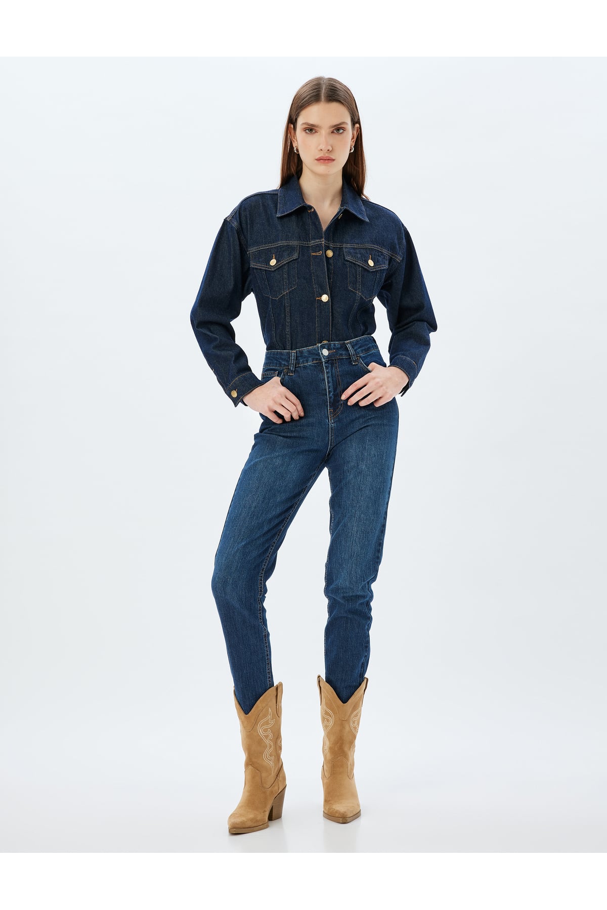 Yüksek Bel Kot Pantolon Düz Paça Düğmeli Cepli Pamuklu - Slim Straight Fit Jeans
