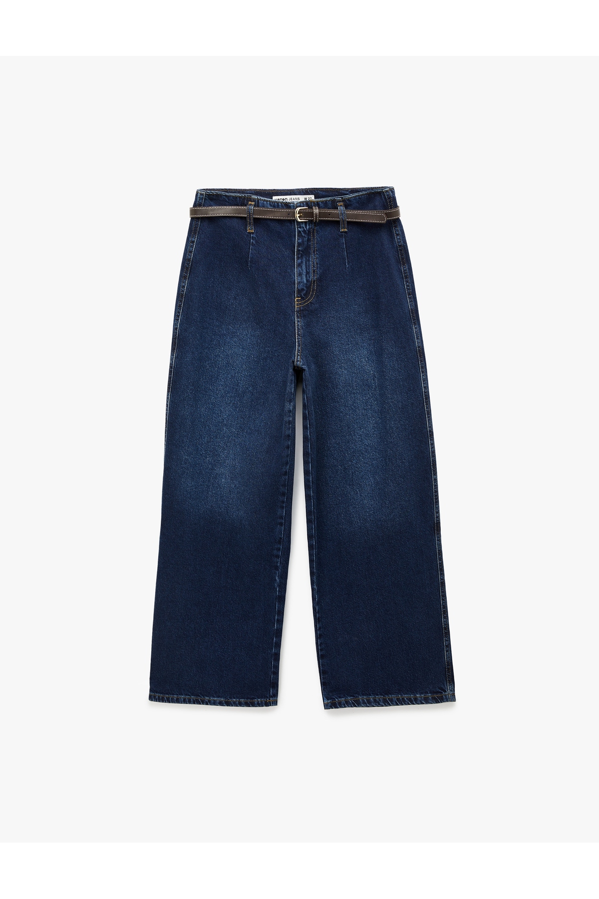 Yüksek Bel Pamuklu Kemerli Kısa Geniş Paça Denim Pantolon - Wide Leg Jean