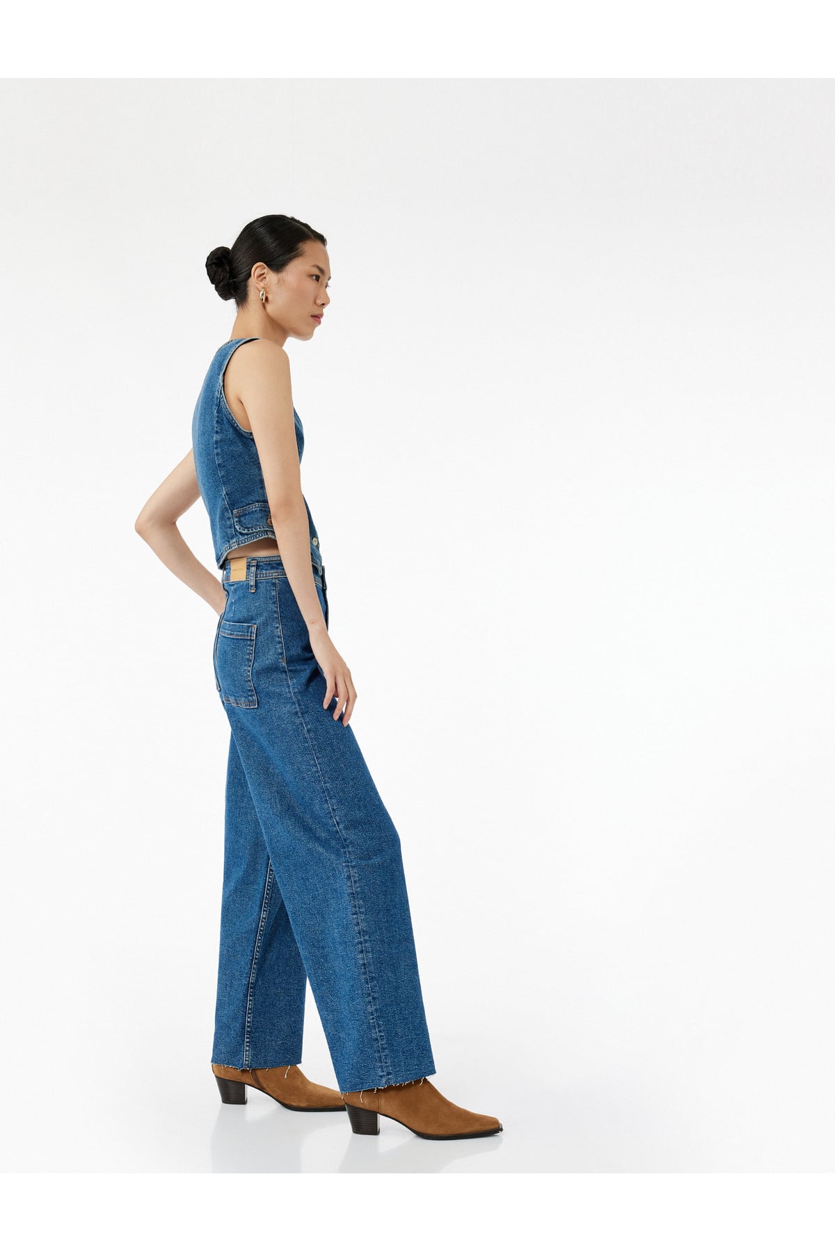 Yüksek Bel Rahat Kesim Geniş Paça Pamuklu Jean Pantolon - Culotte Jeans
