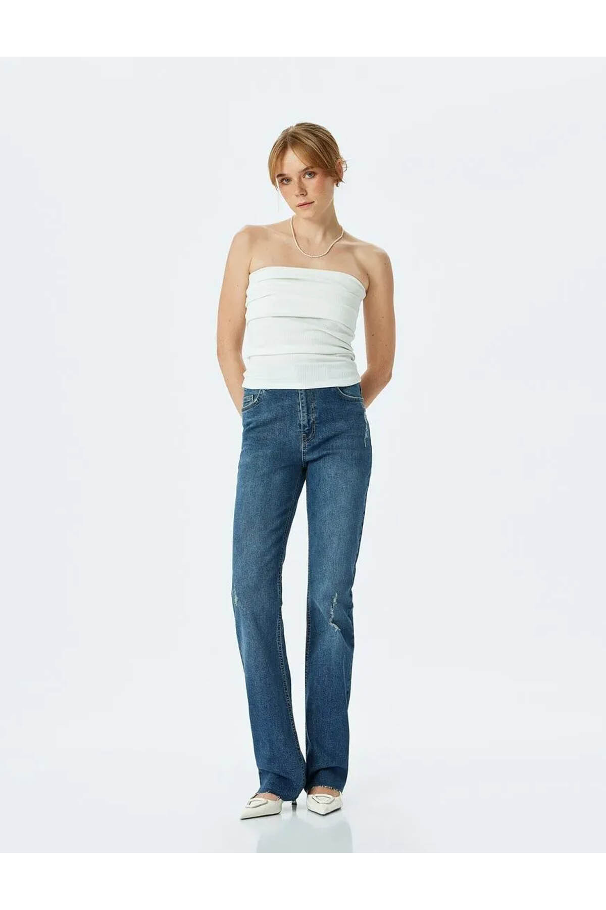 Yüksek Bel Slim Fit Yıpratılmış İspanyol Paça Denim Pantolon -  Flare Jeans