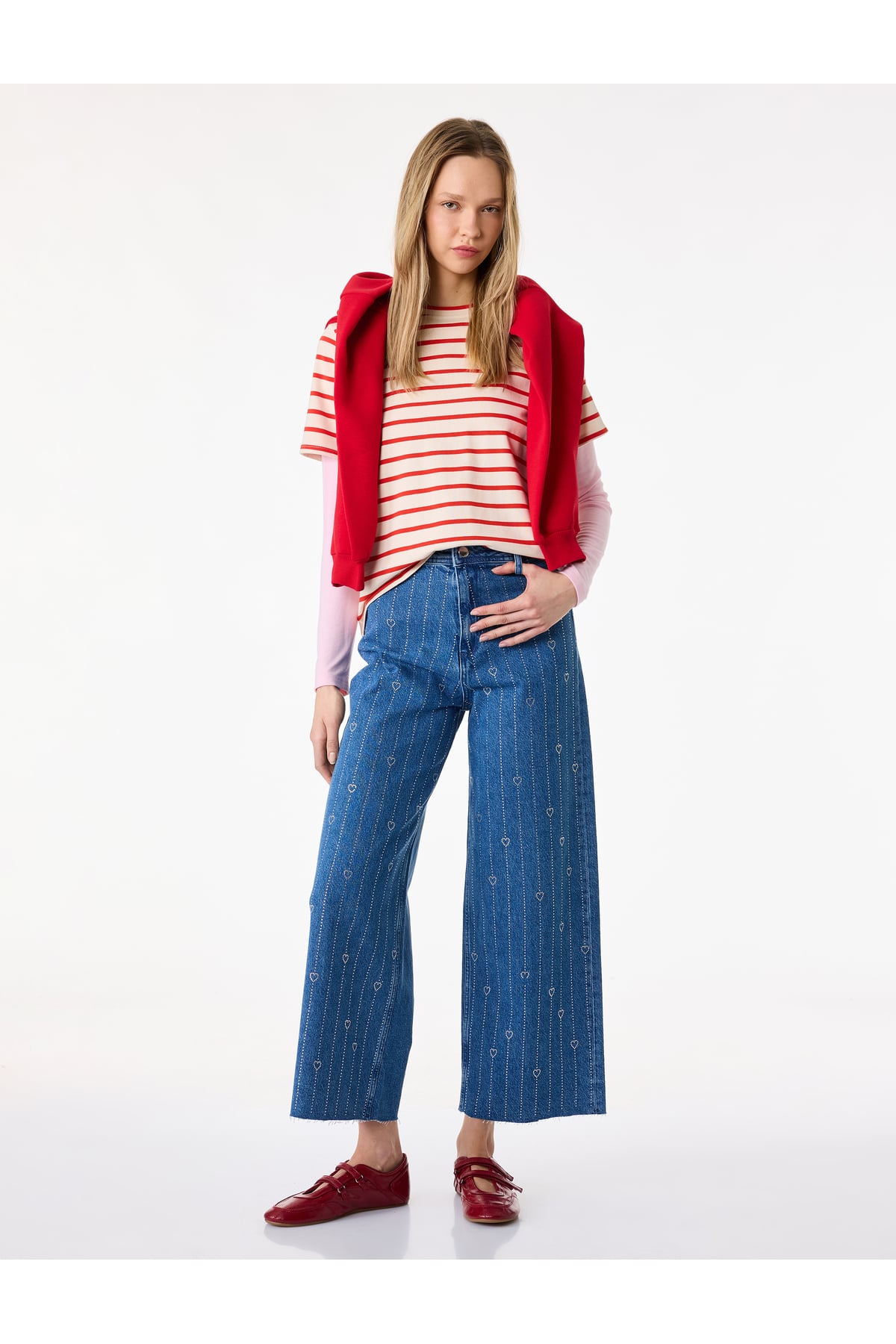 Yüksek Bel Taş Detaylı Kalpli Kısa Geniş Paça Denim Pantolon - Culotte Jeans