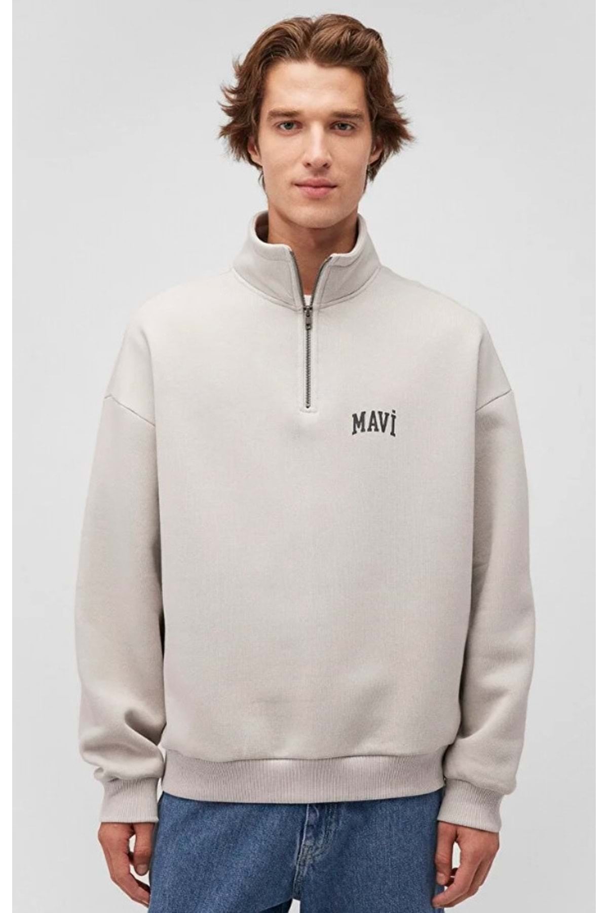 0S10208 Logo Baskılı Yarım Fermuarlı Sweatshirt BEJ