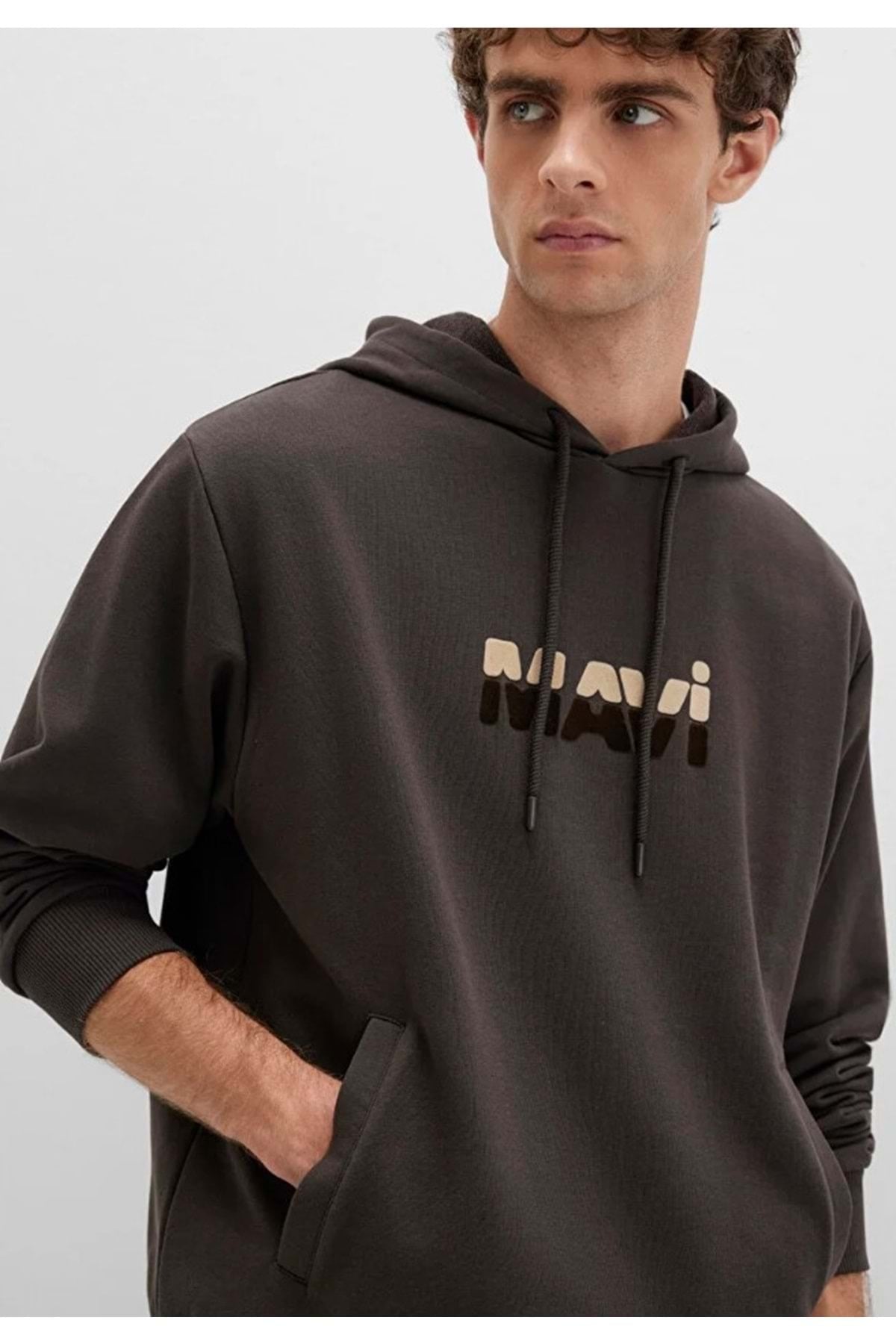 0S10395 Logo Baskılı Kapüşonlu Erkek Sweatshirt KAHVERENGİ