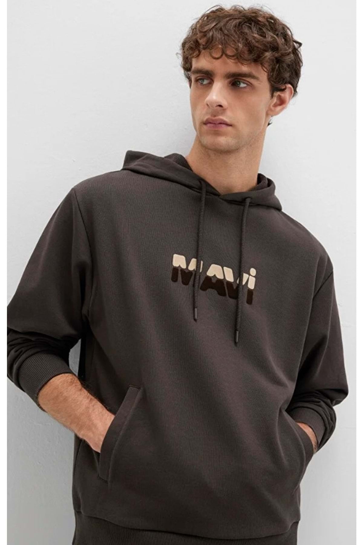 0S10395 Logo Baskılı Kapüşonlu Erkek Sweatshirt KAHVERENGİ