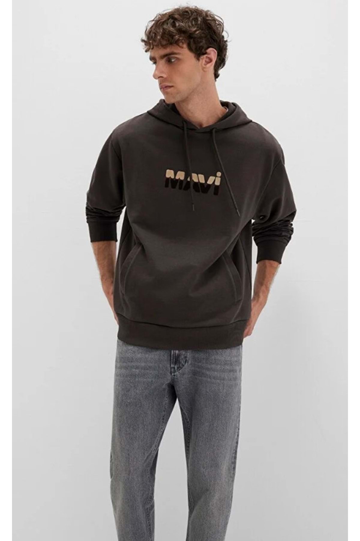 0S10395 Logo Baskılı Kapüşonlu Erkek Sweatshirt KAHVERENGİ