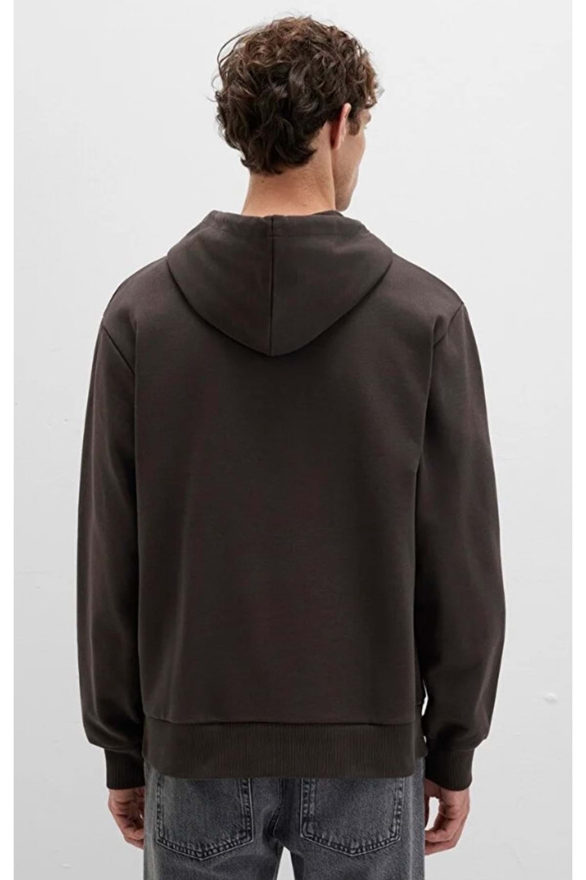 0S10395 Logo Baskılı Kapüşonlu Erkek Sweatshirt KAHVERENGİ