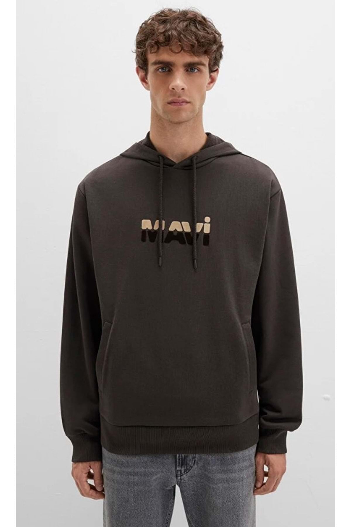 0S10395 Logo Baskılı Kapüşonlu Erkek Sweatshirt KAHVERENGİ