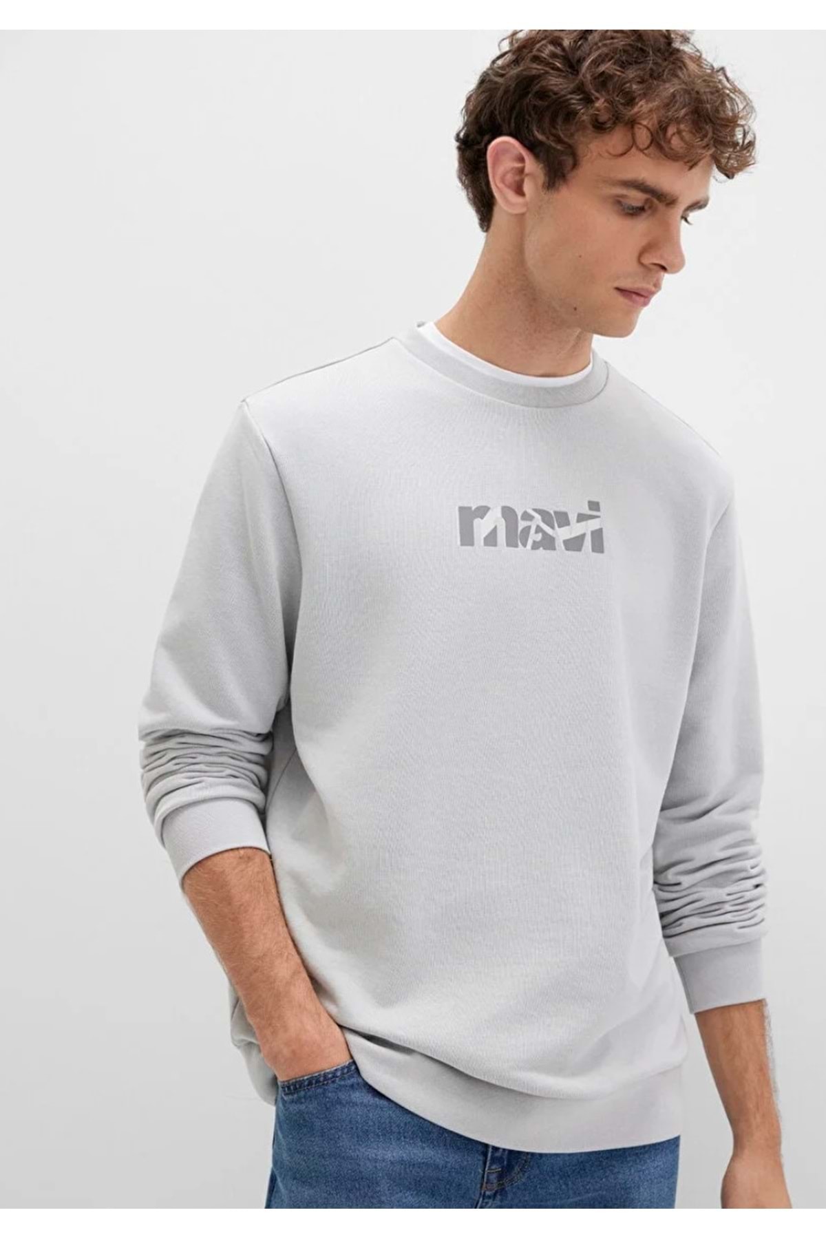 26y Mavi Baskılı Sweatshırt Açık Gri