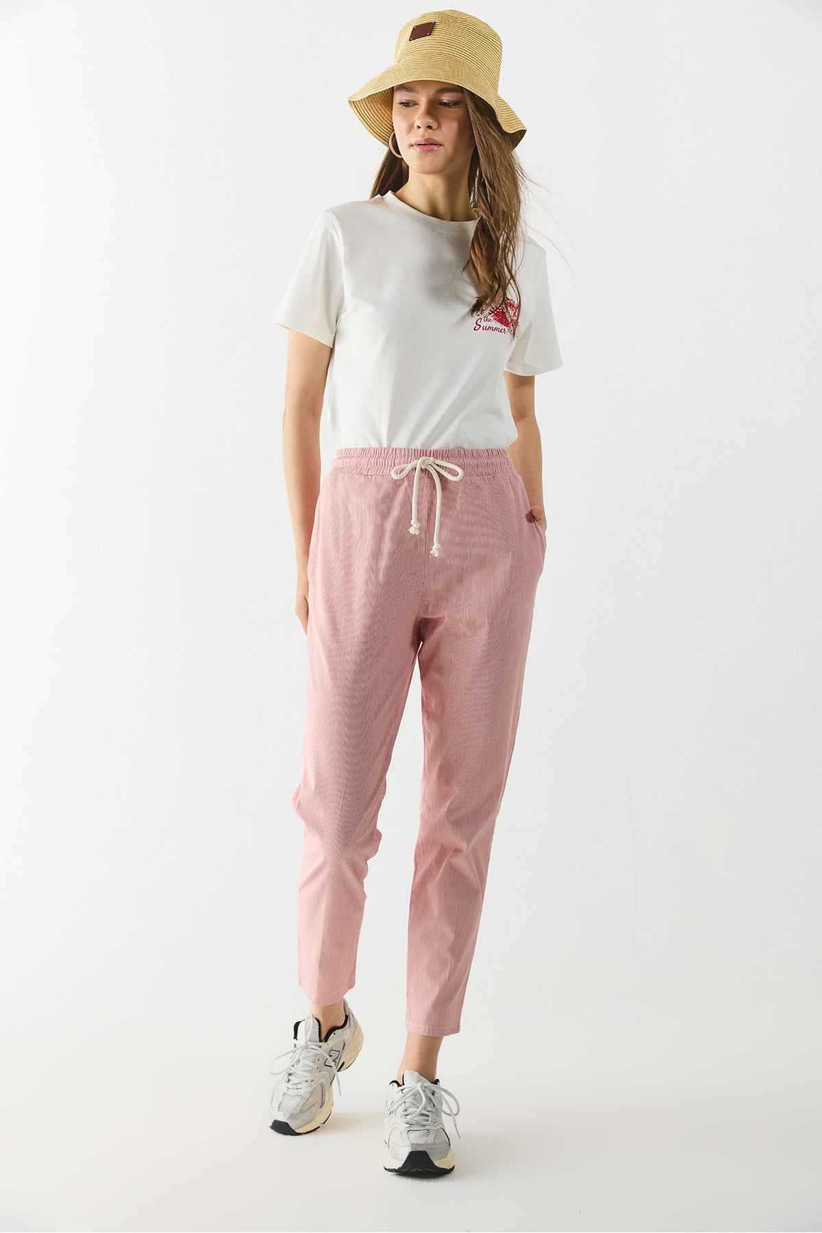Alian Beli Lastikli Çizgili Gabardin Pantolon - KIRMIZI ÇİZGİLİ
