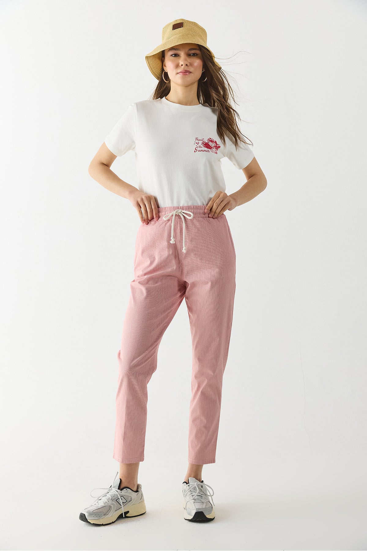Alian Beli Lastikli Çizgili Gabardin Pantolon - KIRMIZI ÇİZGİLİ