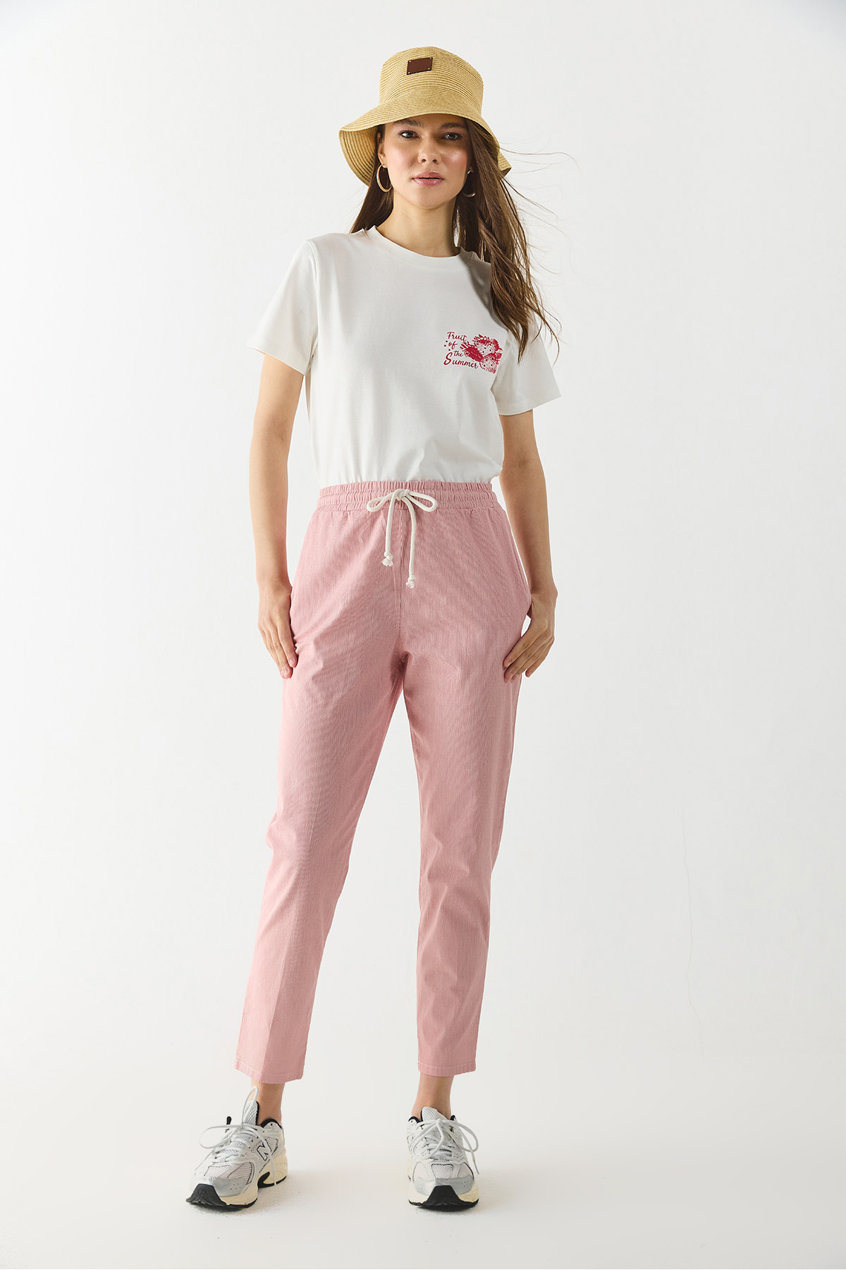 Alian Beli Lastikli Çizgili Gabardin Pantolon - KIRMIZI ÇİZGİLİ