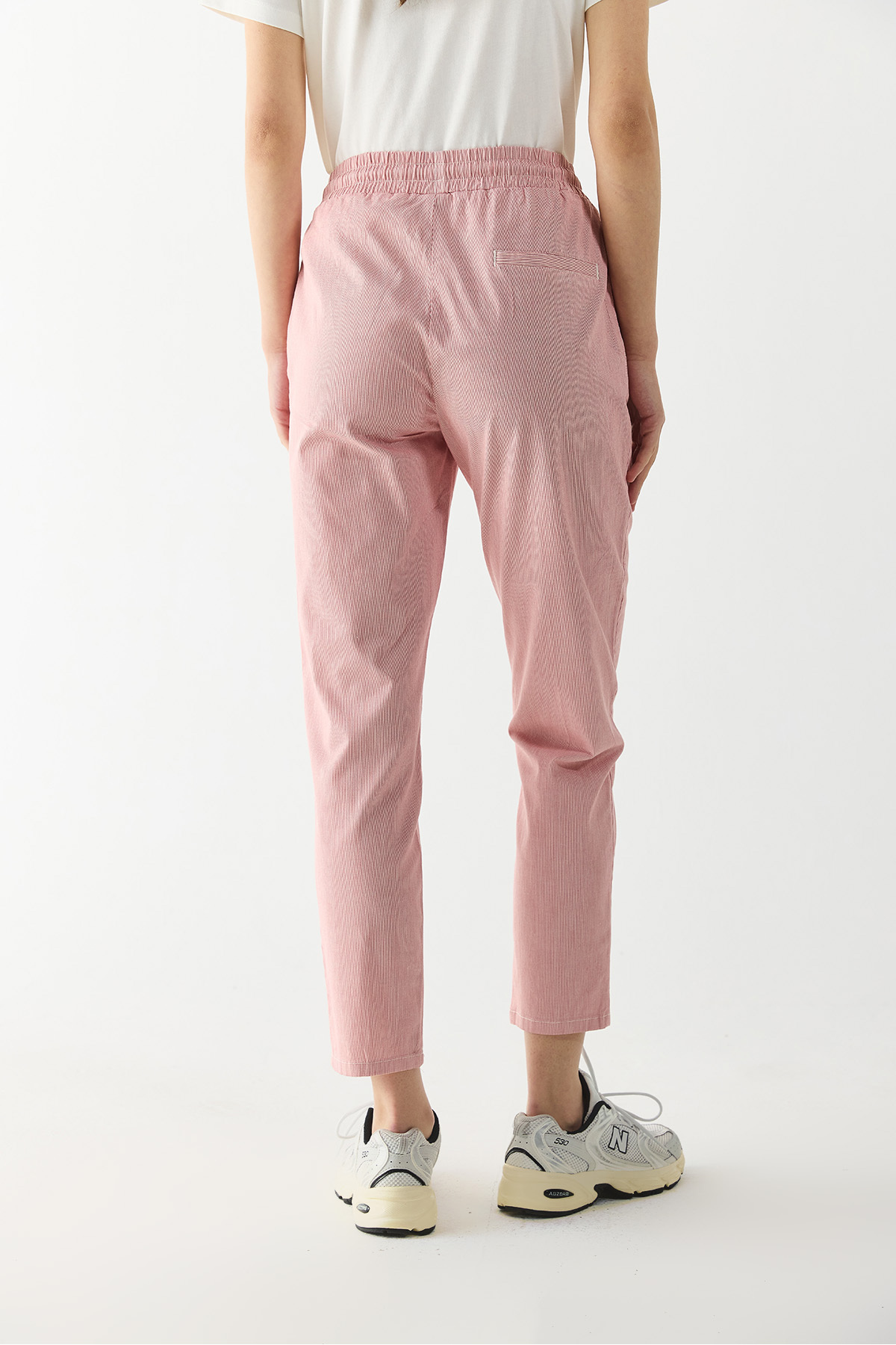 Alian Beli Lastikli Çizgili Gabardin Pantolon - KIRMIZI ÇİZGİLİ
