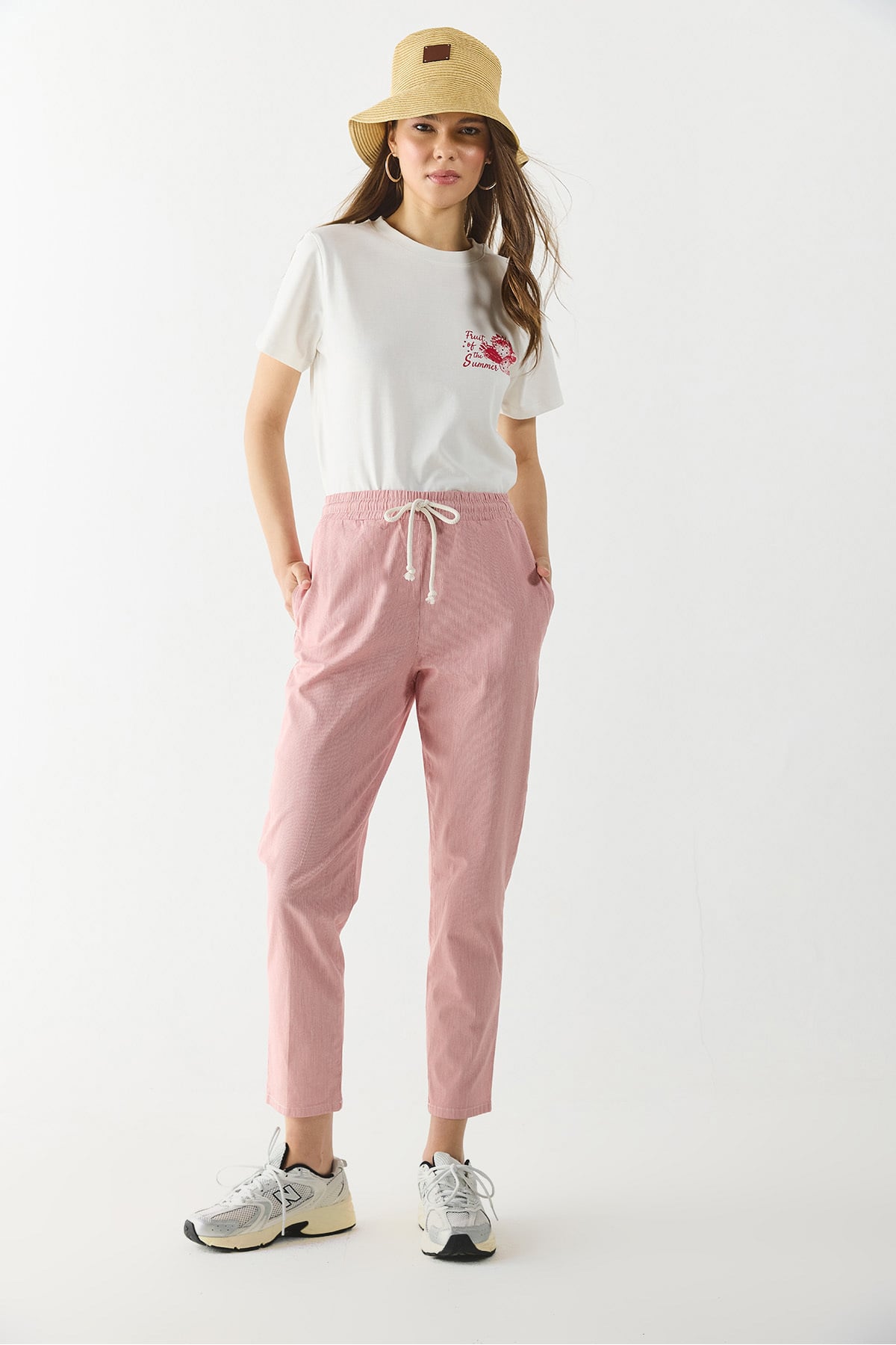 Alian Beli Lastikli Çizgili Gabardin Pantolon - KIRMIZI ÇİZGİLİ