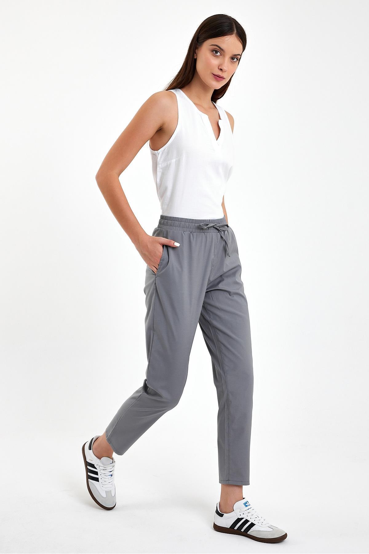 Alian Beli Lastikli Çizgili Summer Gabardin Pantolon