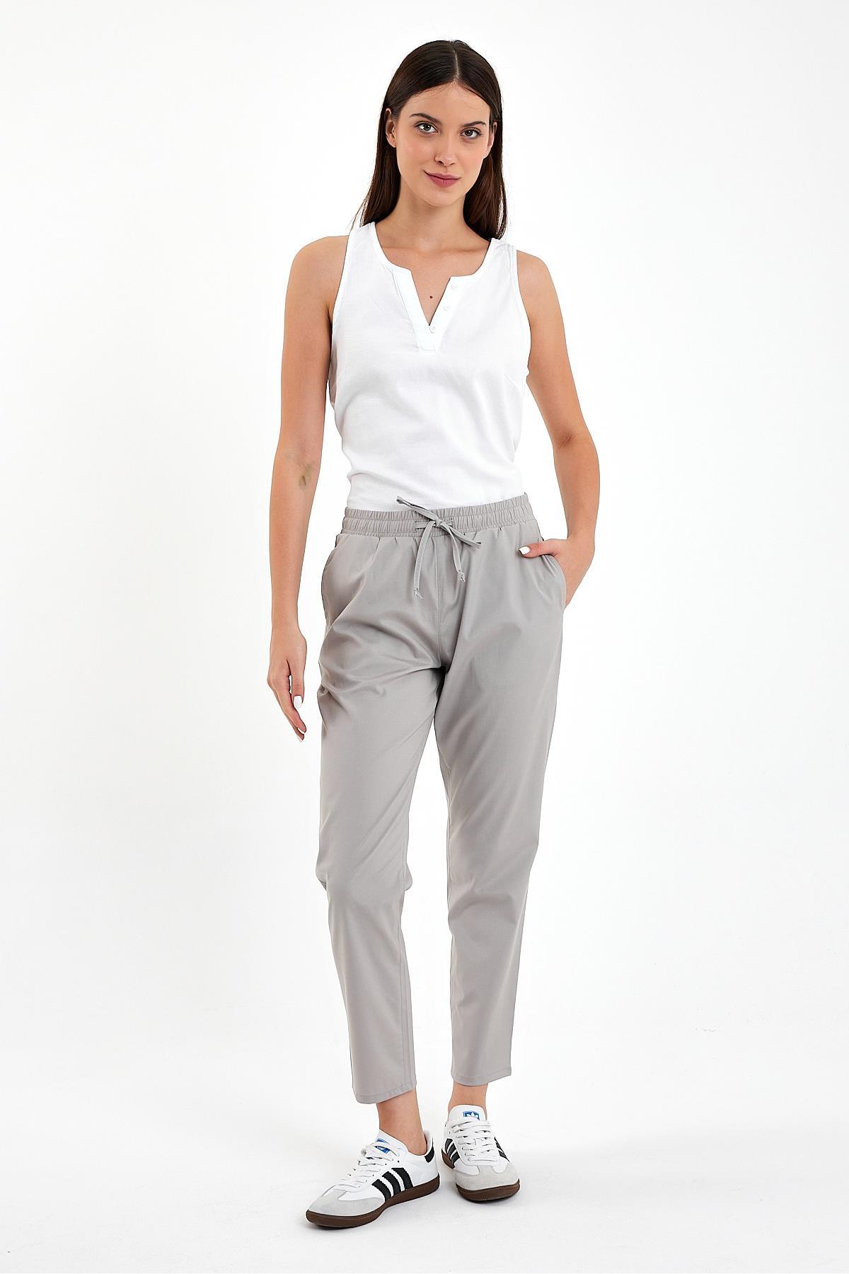 Alian Beli Lastikli Çizgili Summer Gabardin Pantolon