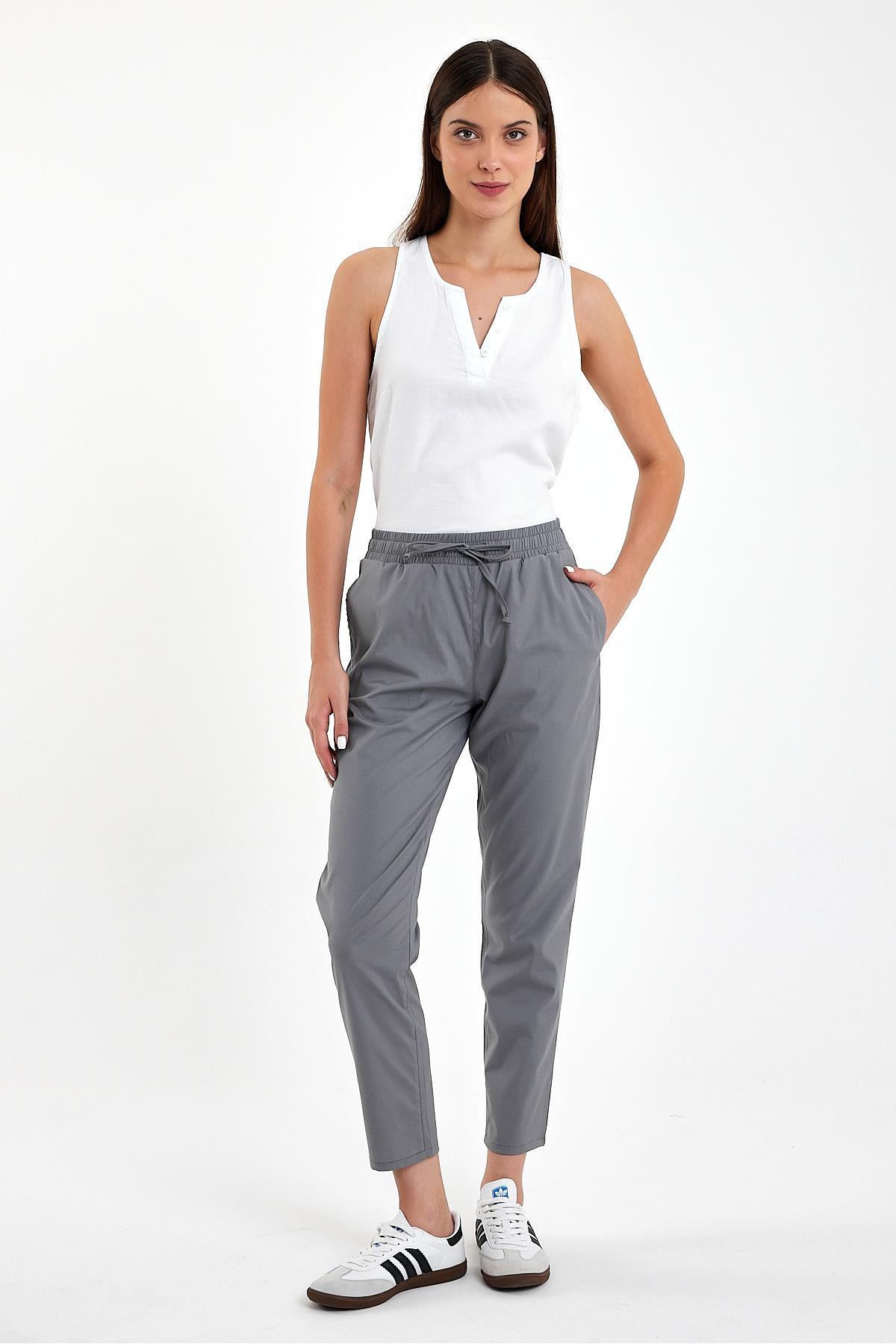 Alian Beli Lastikli Çizgili Summer Gabardin Pantolon