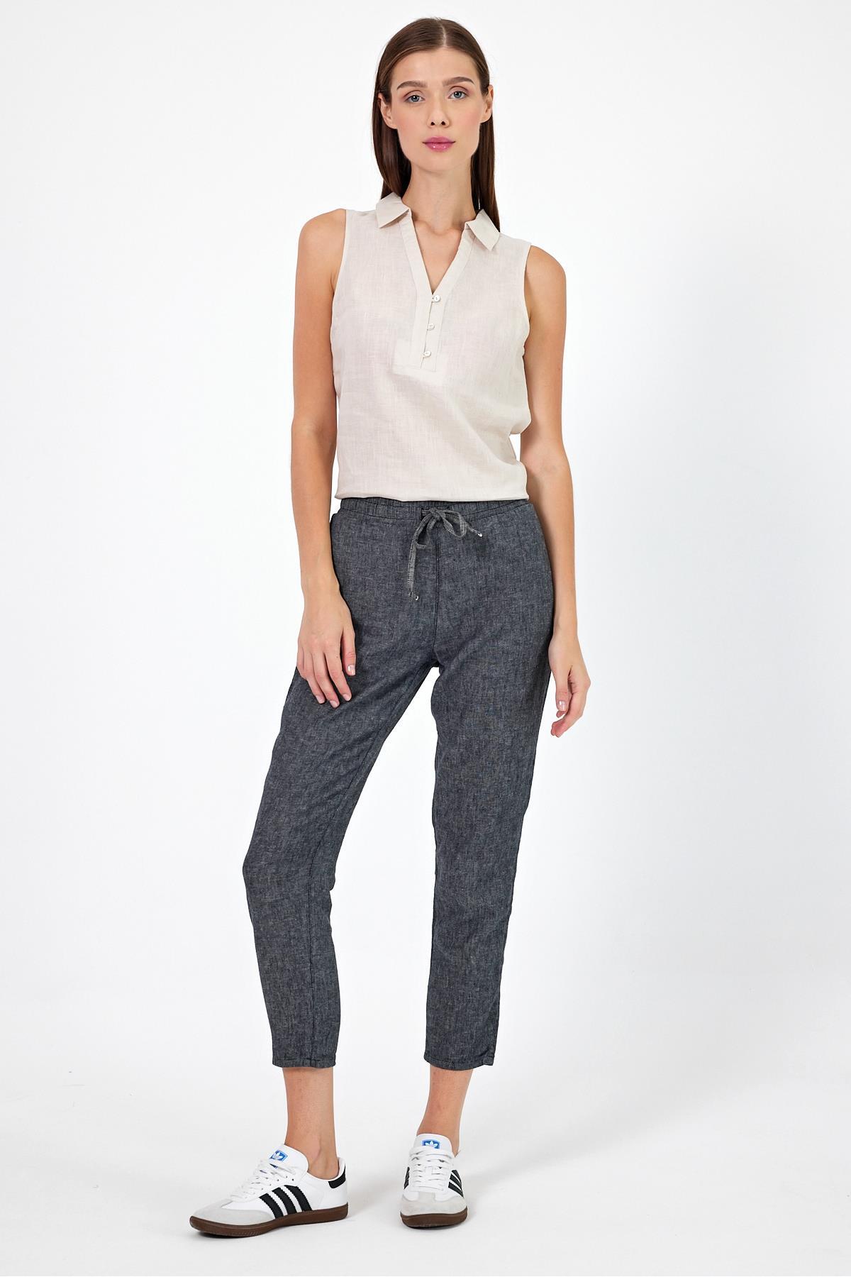 Alian Beli Lastikli Keten Beach Pantolon