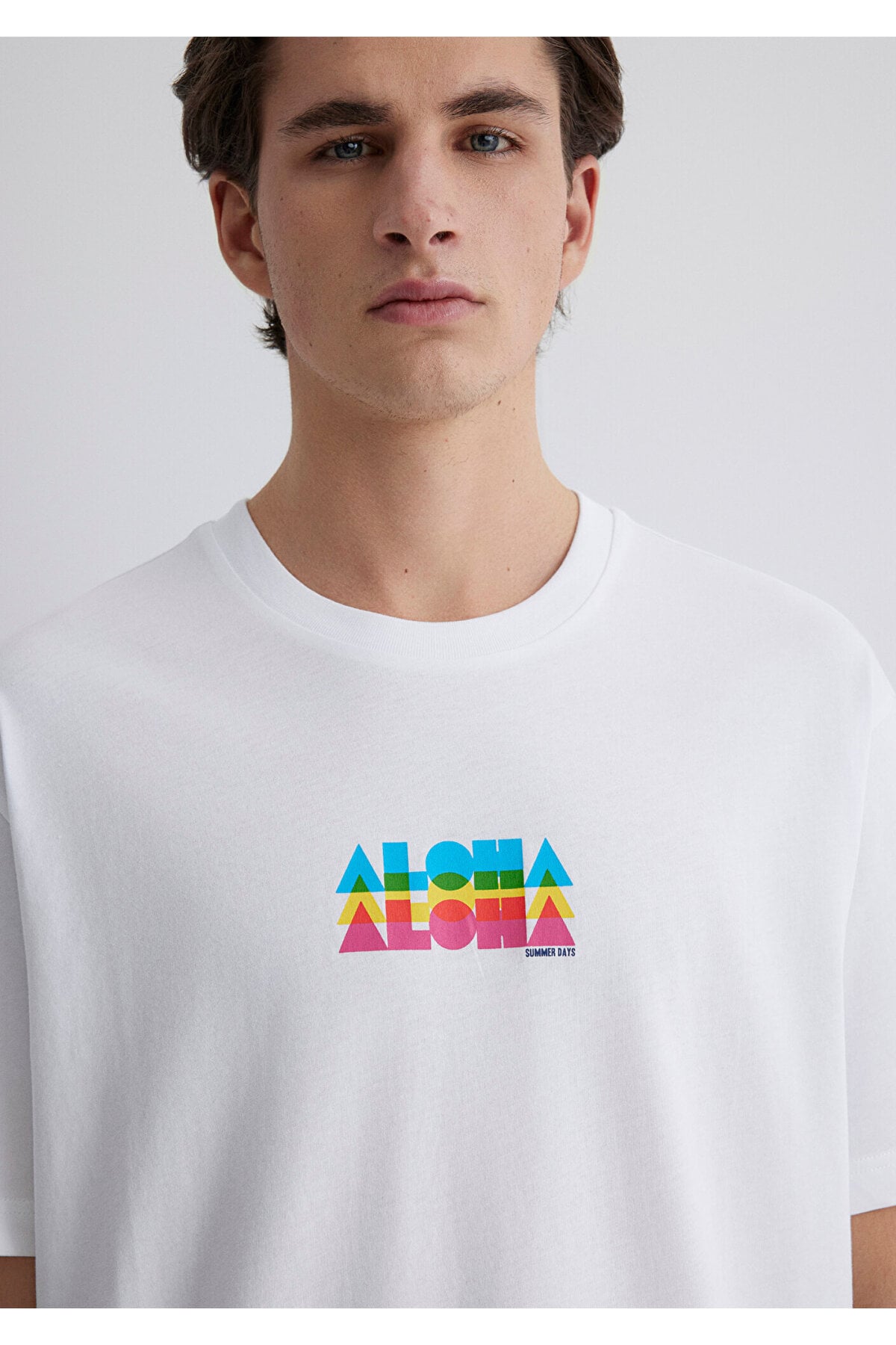 Aloha Baskılı Beyaz Tişört Loose Fit / Bol Rahat Kesim 0612612-620