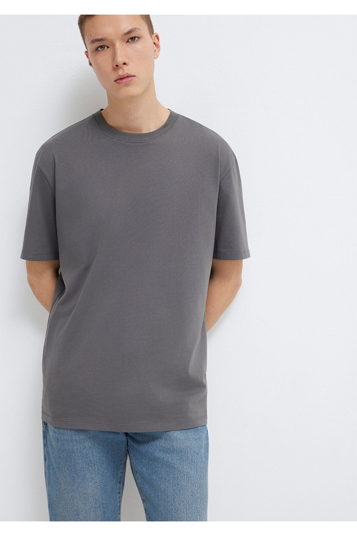 Antrasit Basic Tişört Loose Fit / Bol Rahat Kesim 066249-86569