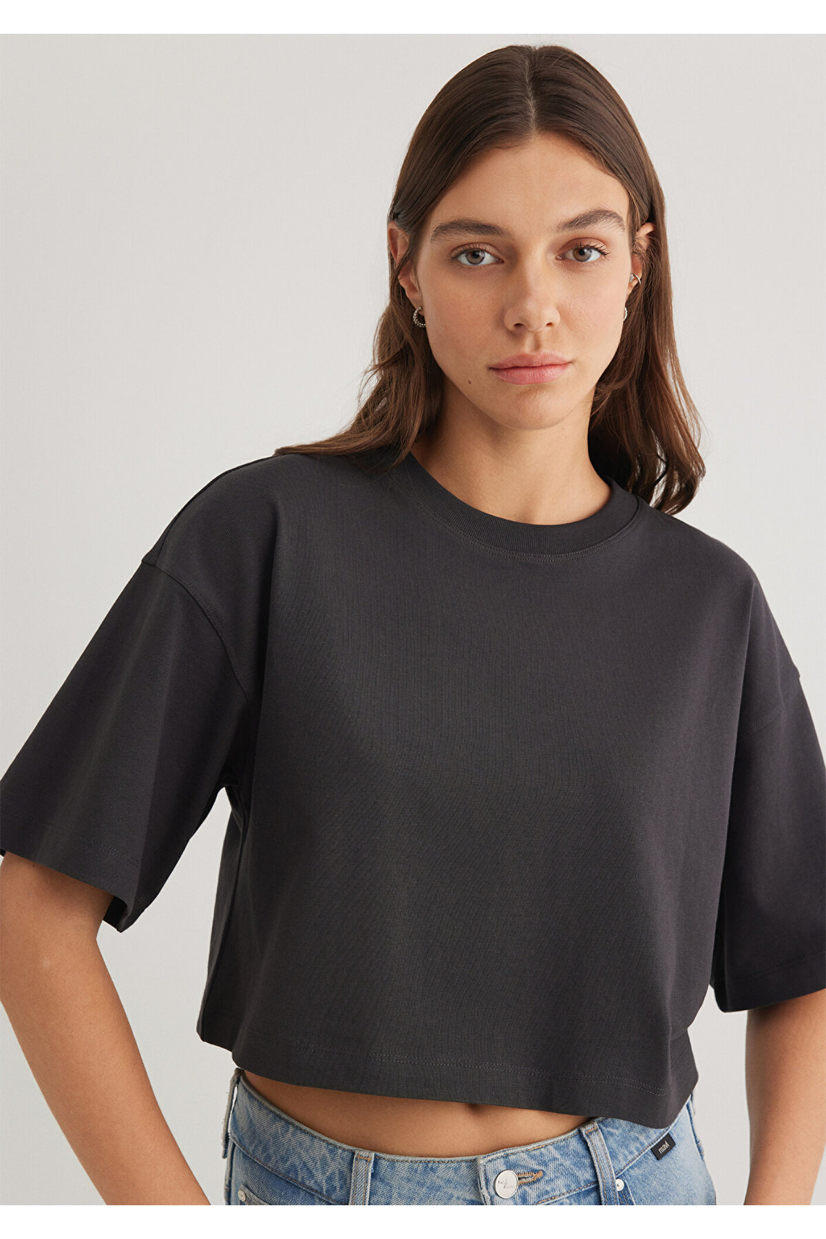 Antrasit Crop Basic Tişört Crop / Kısa Kesim 1612377-70087