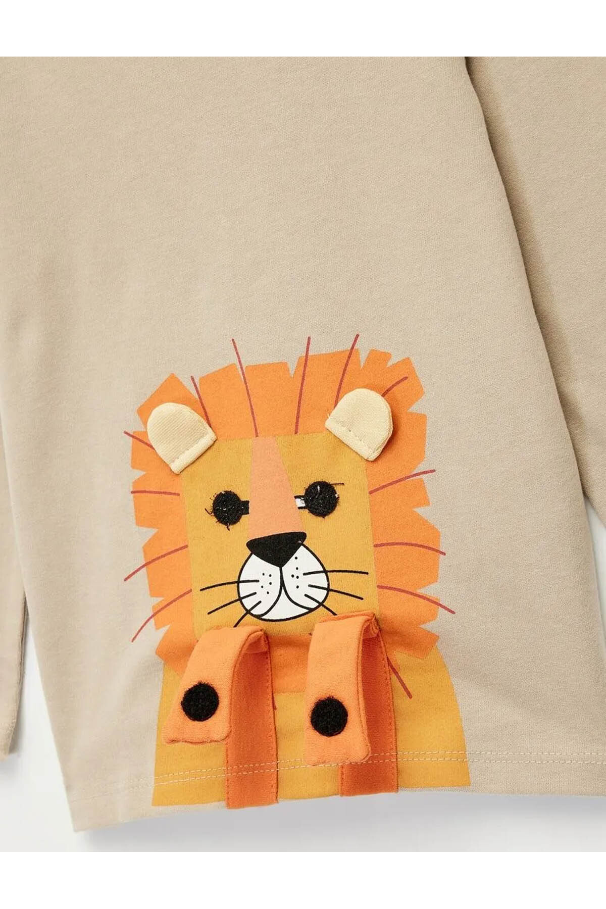 Aslan Baskılı Bisiklet Yaka Pamuklu Bej Erkek Bebek Uzun Kollu T-shirt 6Wmb10009Tk
