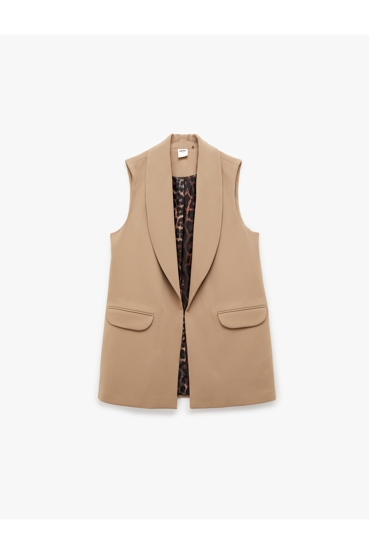 Astarı Leopar Desenli Cepli Uzun Blazer Yelek