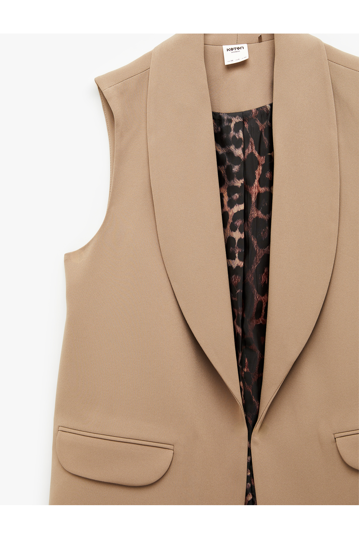 Astarı Leopar Desenli Cepli Uzun Blazer Yelek