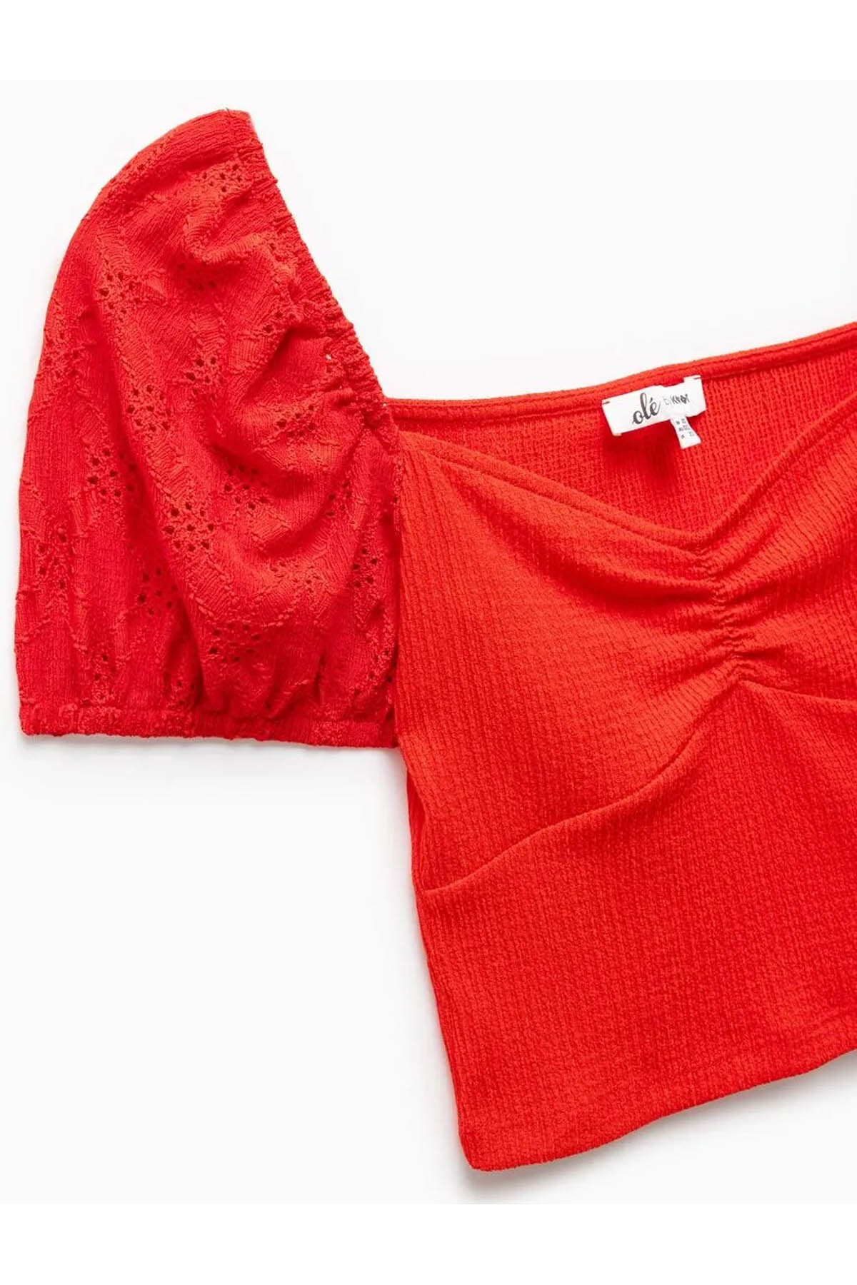 Balon Kollu Brode Detaylı Kalp Yaka Kırmızı Kadın T-Shirt 5SAL10004IK