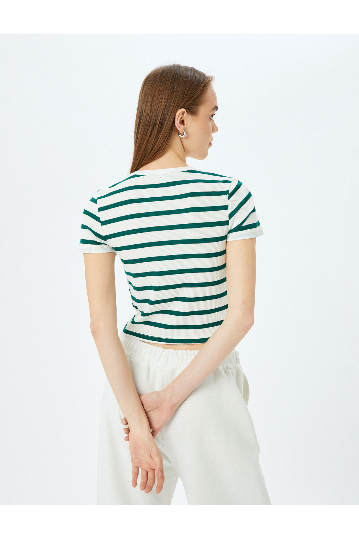 Basic Çizgili Bisiklet Yaka Kısa Kollu Kaşkorse Slim Fit Kadın Tişört