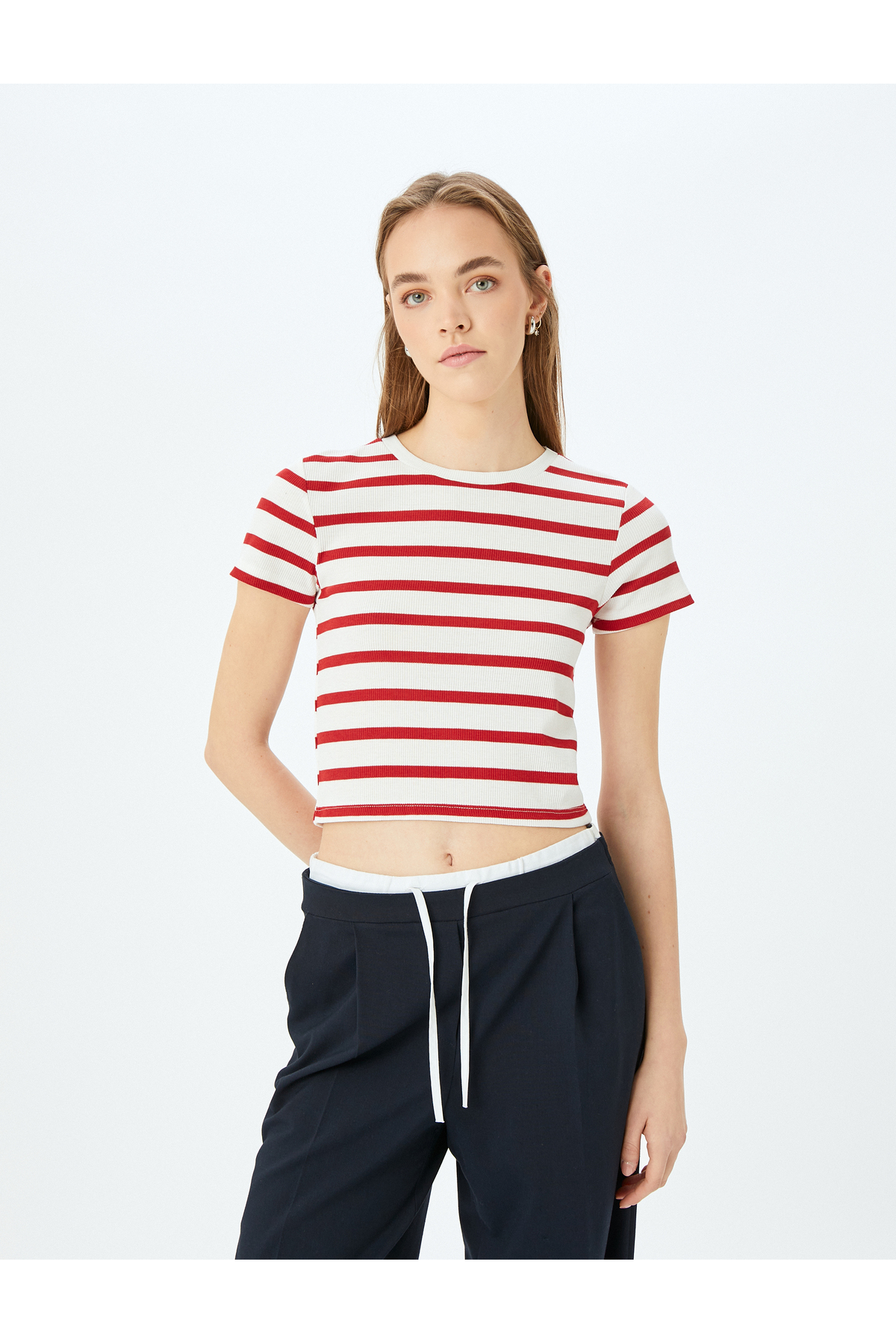 Basic Çizgili Bisiklet Yaka Kısa Kollu Kaşkorse Slim Fit Kadın Tişört