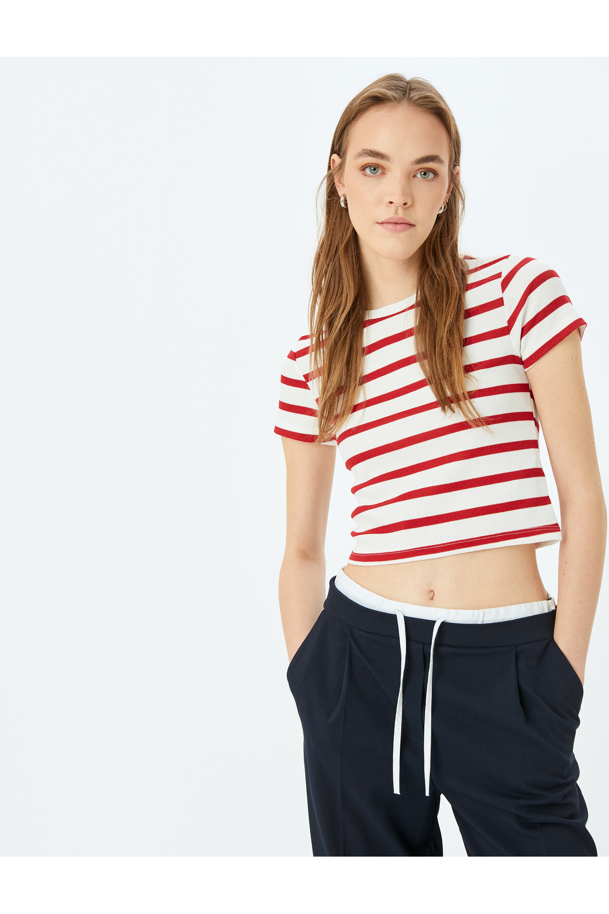 Basic Çizgili Bisiklet Yaka Kısa Kollu Kaşkorse Slim Fit Kadın Tişört