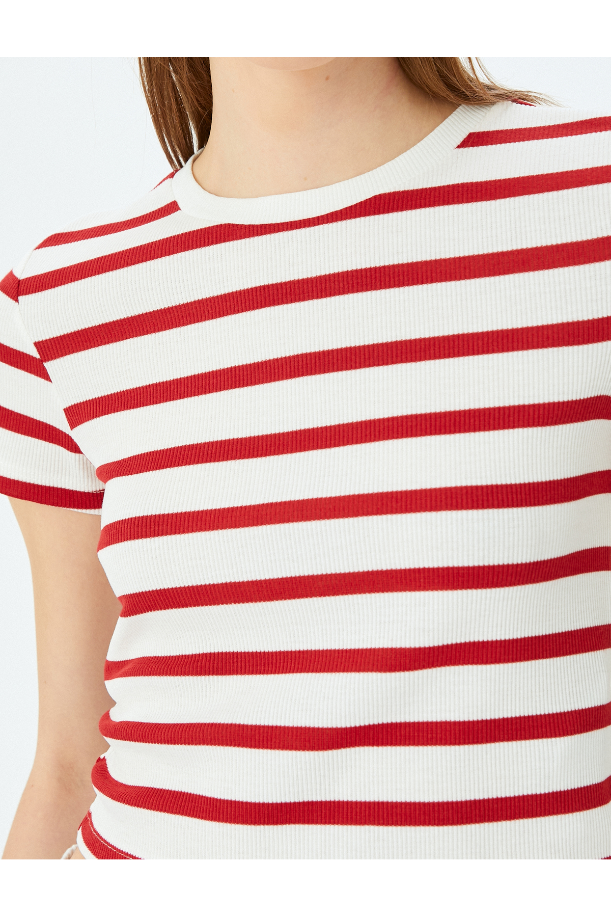 Basic Çizgili Bisiklet Yaka Kısa Kollu Kaşkorse Slim Fit Kadın Tişört