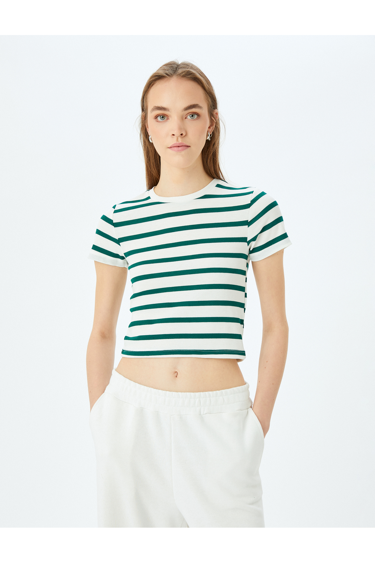 Basic Çizgili Bisiklet Yaka Kısa Kollu Kaşkorse Slim Fit Kadın Tişört