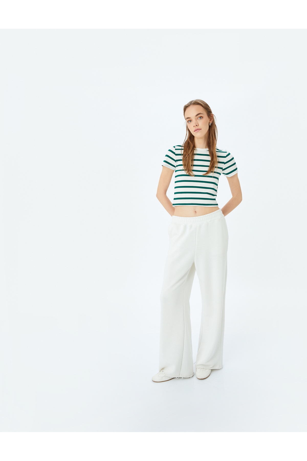 Basic Çizgili Bisiklet Yaka Kısa Kollu Kaşkorse Slim Fit Kadın Tişört