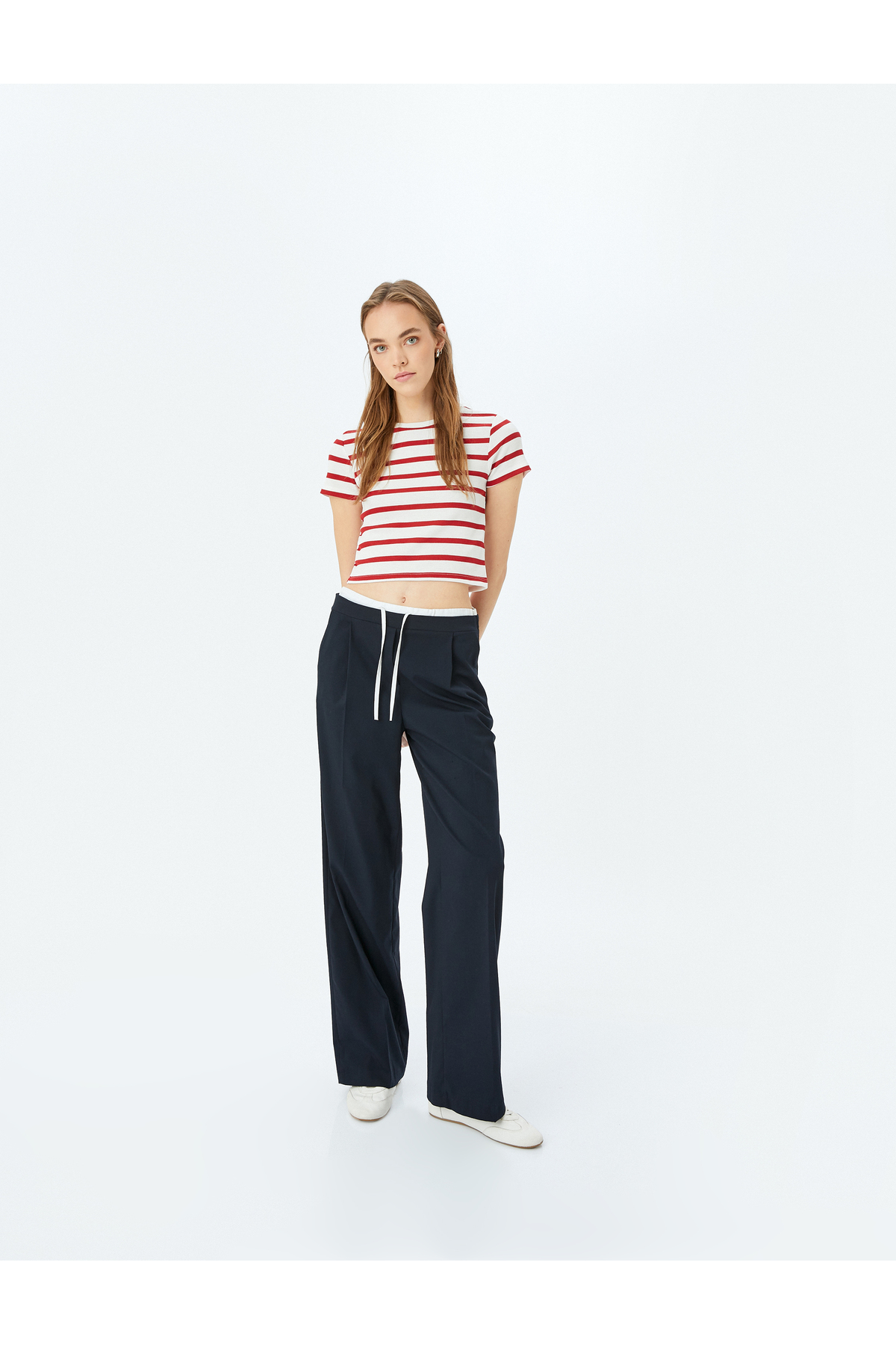 Basic Çizgili Bisiklet Yaka Kısa Kollu Kaşkorse Slim Fit Kadın Tişört