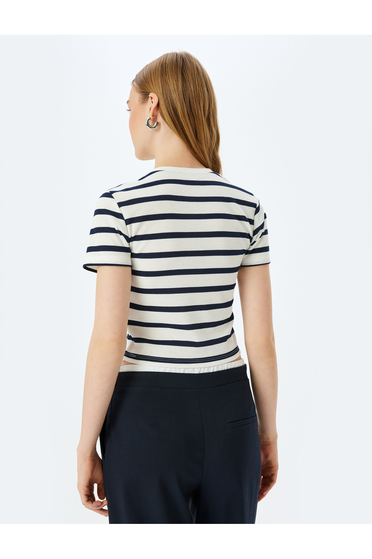 Basic Çizgili Bisiklet Yaka Lacivert Kadın T-Shirt 5SAL10047IK