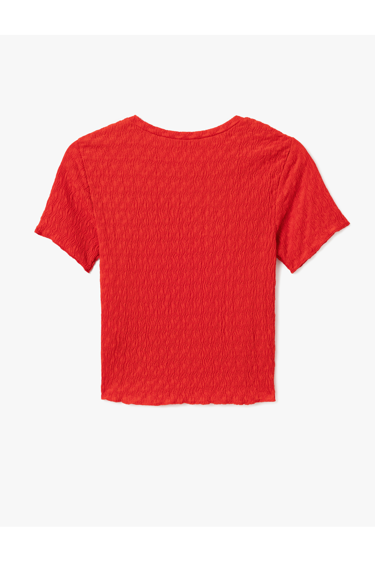 Basic Kısa Kollu Bisiklet Yaka Dokulu Crop Tişört Bürümcük