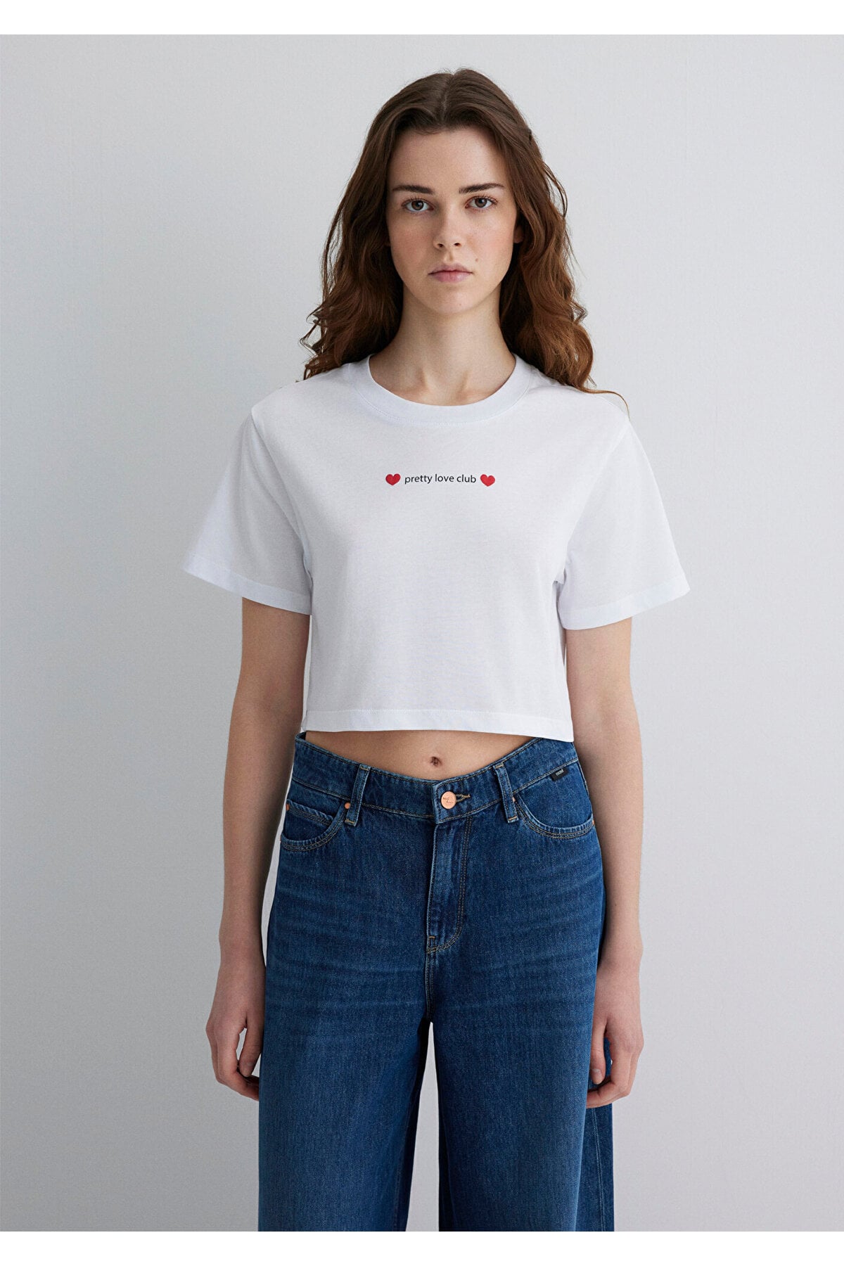 Baskılı Beyaz Crop Tişört Regular Fit / Normal Kesim 1613208-620