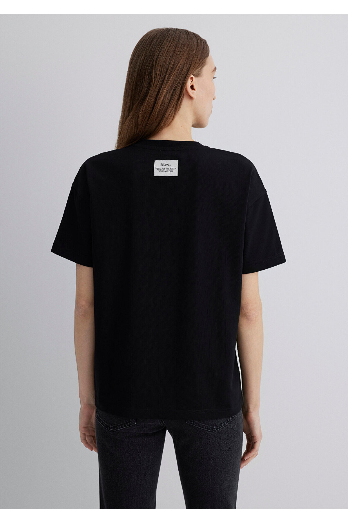 Baskılı Siyah Tişört Loose Fit / Bol Rahat Kesim 1613212-900